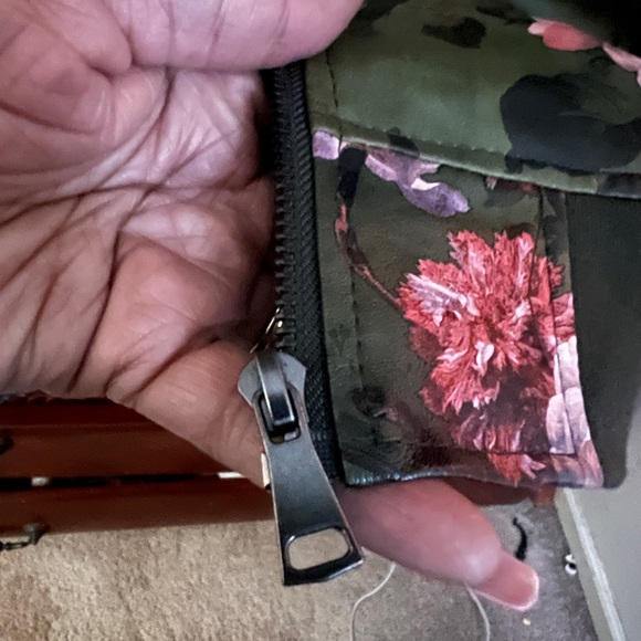 Olive Green and Pink Roses Bomber Jacket - Picture 2 of 4